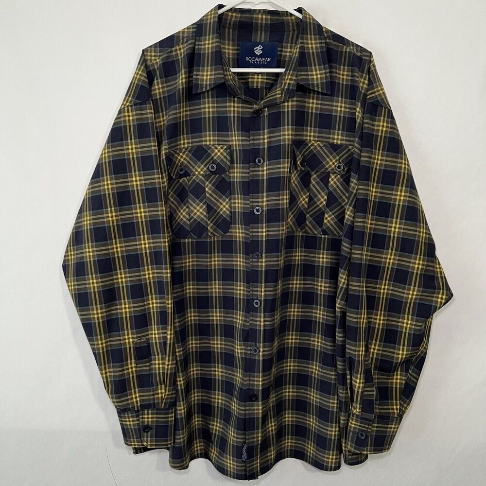 Rocawear Classic Button Up Shirt Mens Size 4XB Yellow Blue Plaid Long Sleeve